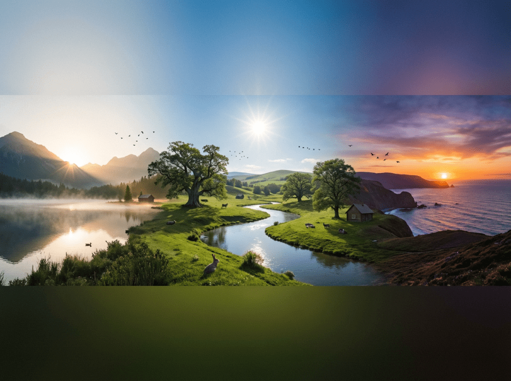 Panoramic view showing the transition from a misty sunrise to midday sun and evening sunset.