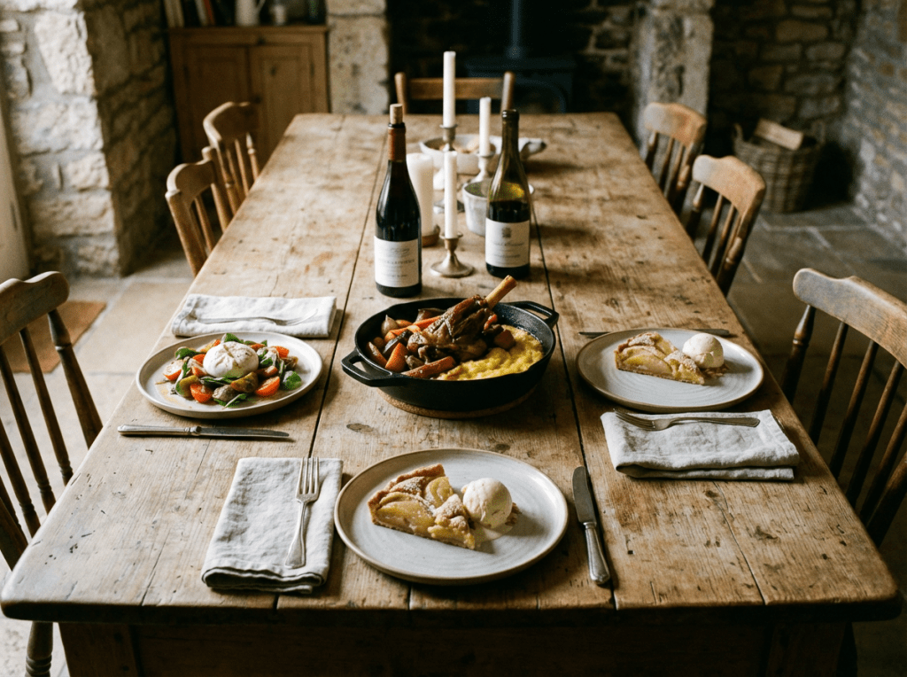Rustic wooden table set with braised lamb shank, salad, wine, and apple tart.