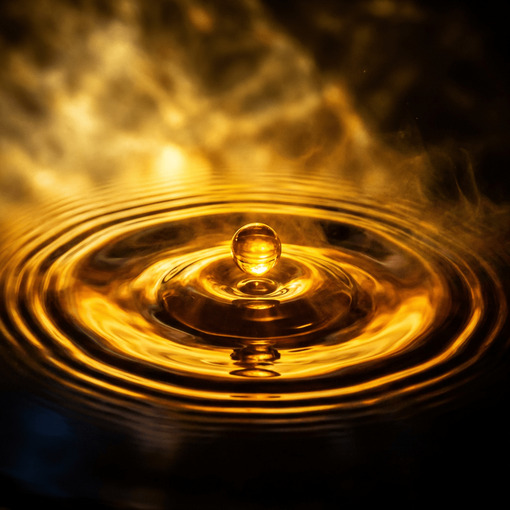 Glowing golden liquid droplet suspended over concentric ripples on a dark, misty surface.