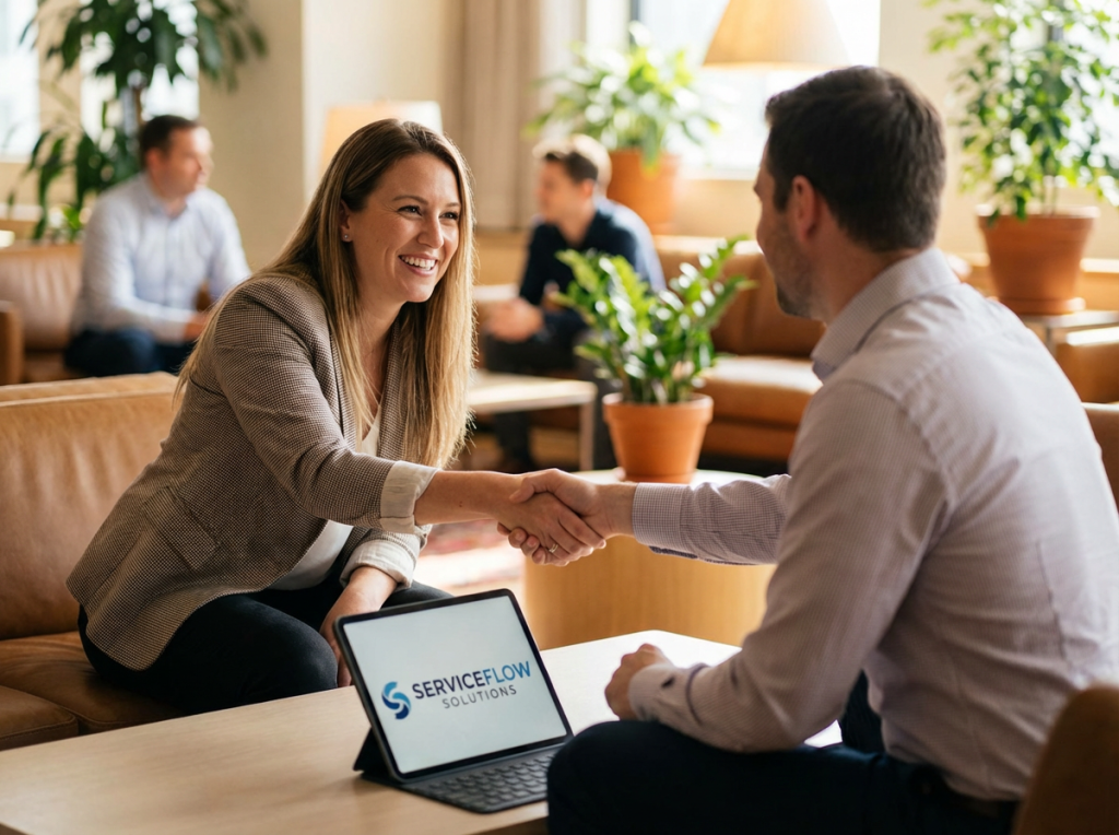Business professionals shaking hands over a tablet showing the SERVICEFLOW SOLUTIONS logo in a lounge.
