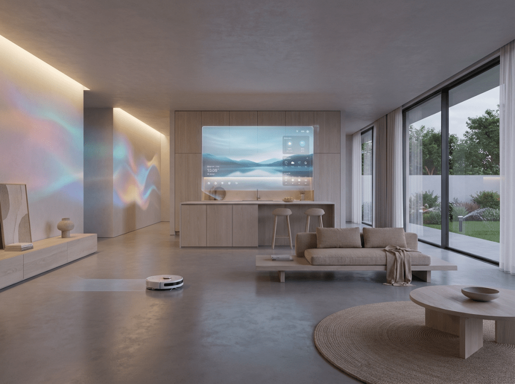 Modern minimalist home featuring a large holographic smart home interface and robotic vacuum.