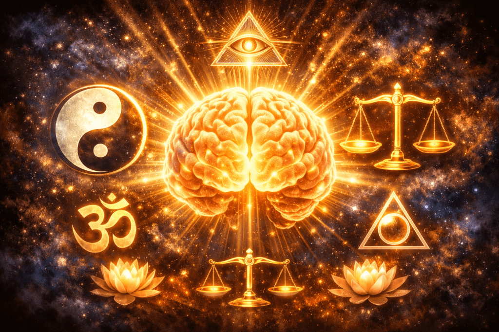 Glowing human brain with eye, yin-yang, scales, lotus flowers, Om symbol, and triangle in cosmic background