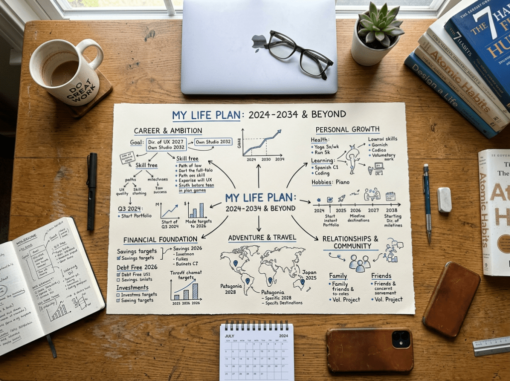 Handwritten life plan with sections for career, personal growth, finances, travel, and relationships