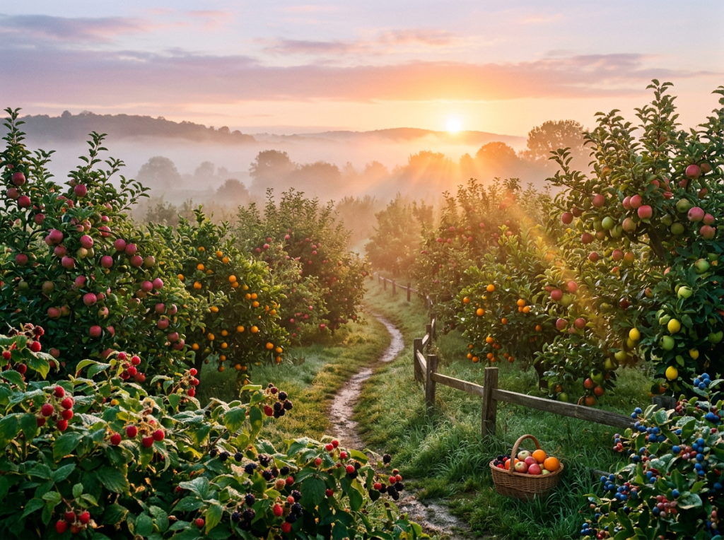 Path through orchard with various ripe fruit trees and baskets at sunrise