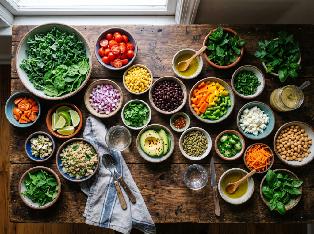 Bowls with kale, spinach, cherry tomatoes, corn, black beans, peppers, onion, avocado, pumpkin seeds, lime wedges, herbs, chickpeas, carrots, quinoa, and dressings