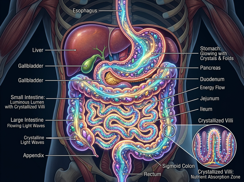 Human digestive system with labeled esophagus, liver, gallbladder, stomach, pancreas, small and large intestines, appendix, and glowing nutrient absorption areas.