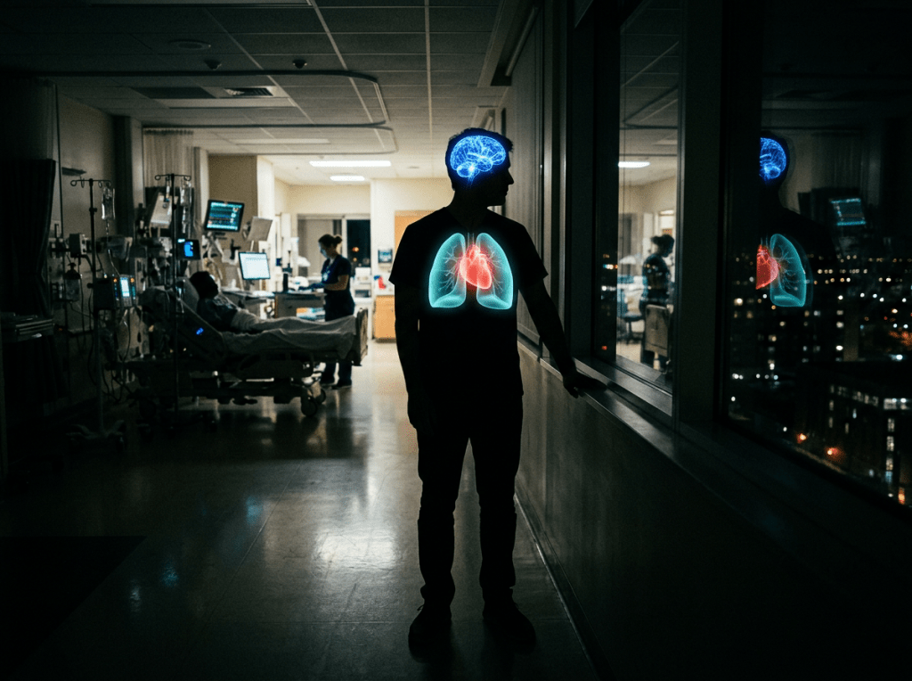 Silhouette of a person with glowing brain, lungs, and heart illustrations overlaid, in a hospital hallway at night.