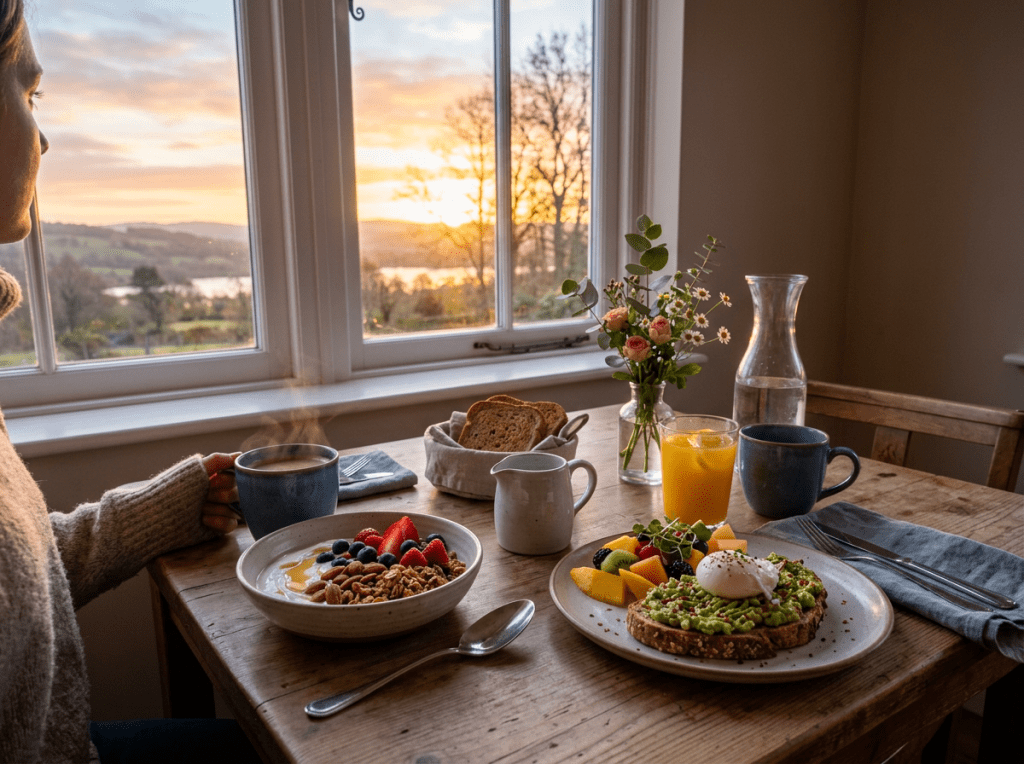 Breakfast table with avocado toast, fruit bowl, orange juice, coffee, and a person looking out the window at sunrise