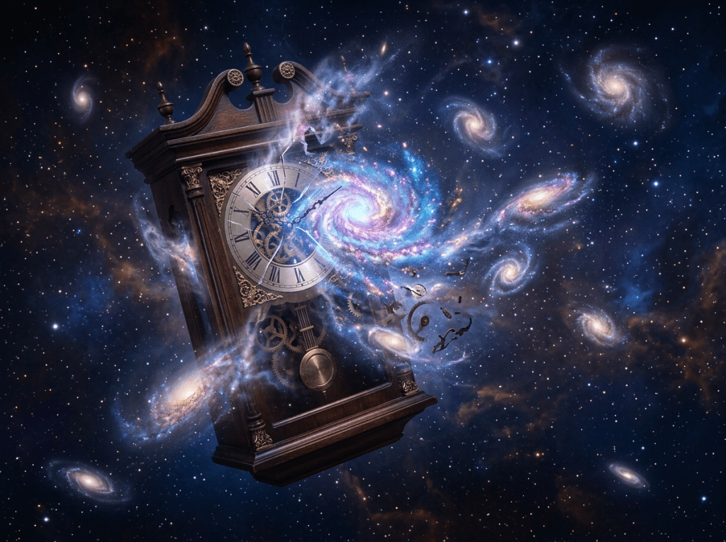 Antique wooden clock breaking apart with galaxies emerging from it in space