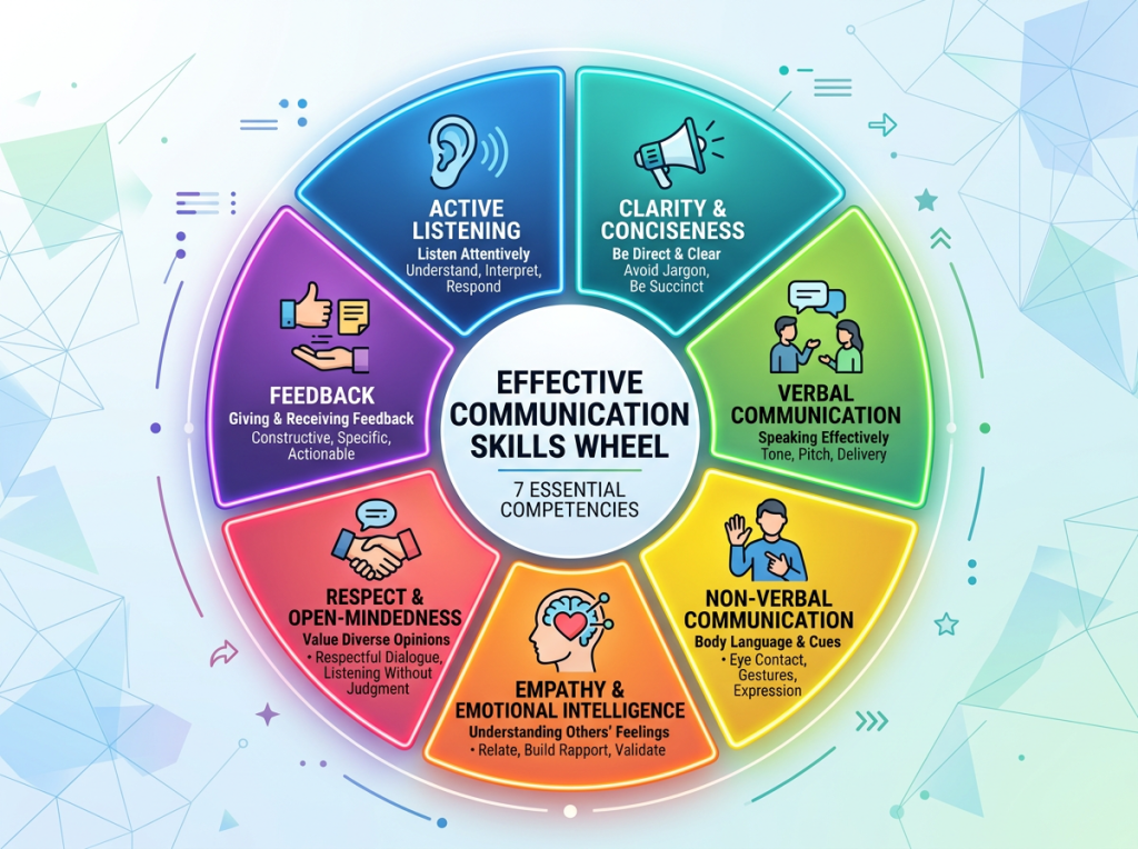 Wheel diagram showing 7 essential effective communication skills: active listening, clarity and conciseness, verbal communication, non-verbal communication, empathy and emotional intelligence, respect and open-mindedness, feedback.