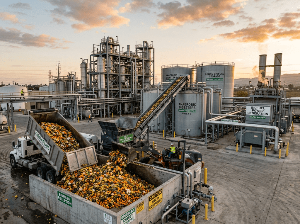Organic waste dumped and processed at biofuel plant with anaerobic digesters and storage tanks