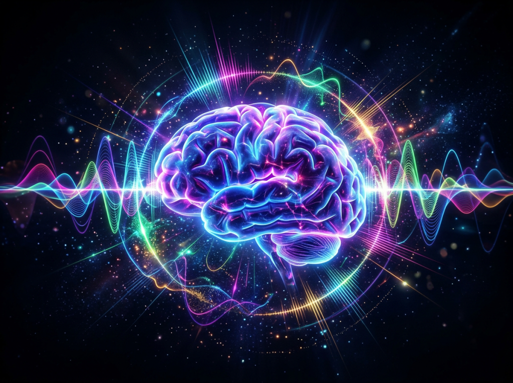 Digital illustration of a human brain surrounded by multicolored waves and neural-like energy patterns