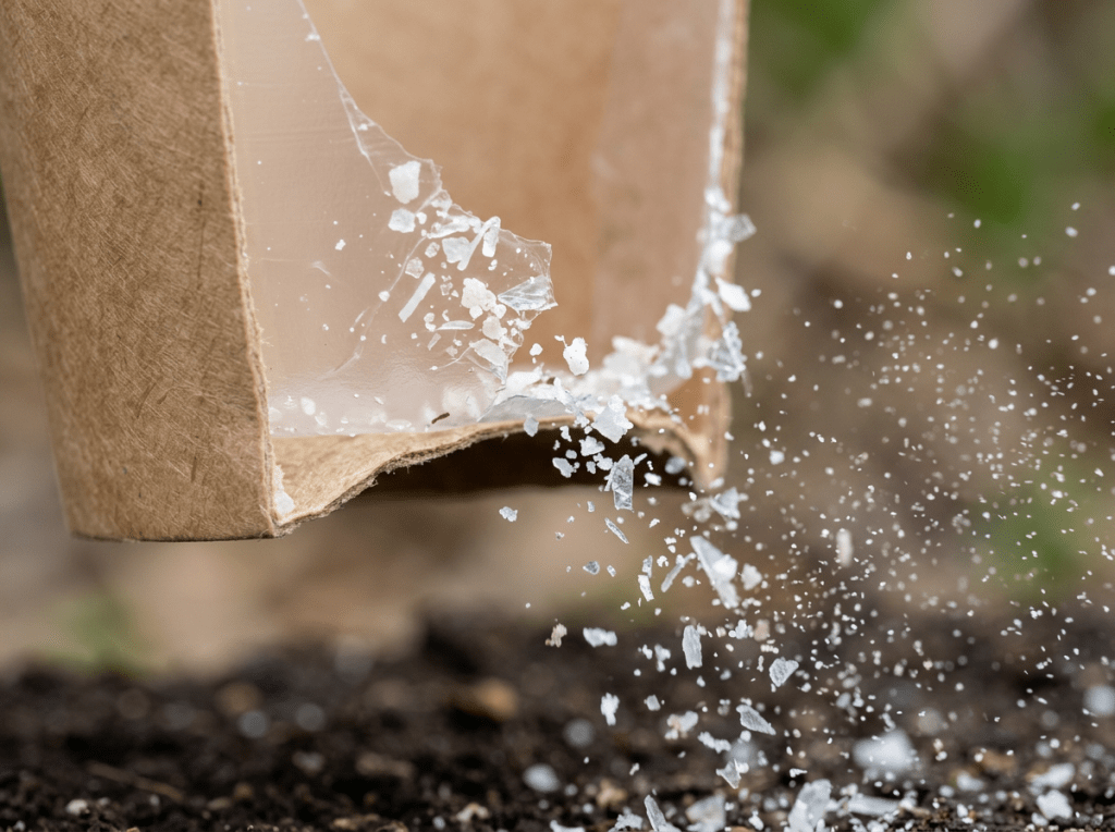Coarse salt crystals falling from a ripped paper bag onto dark soil