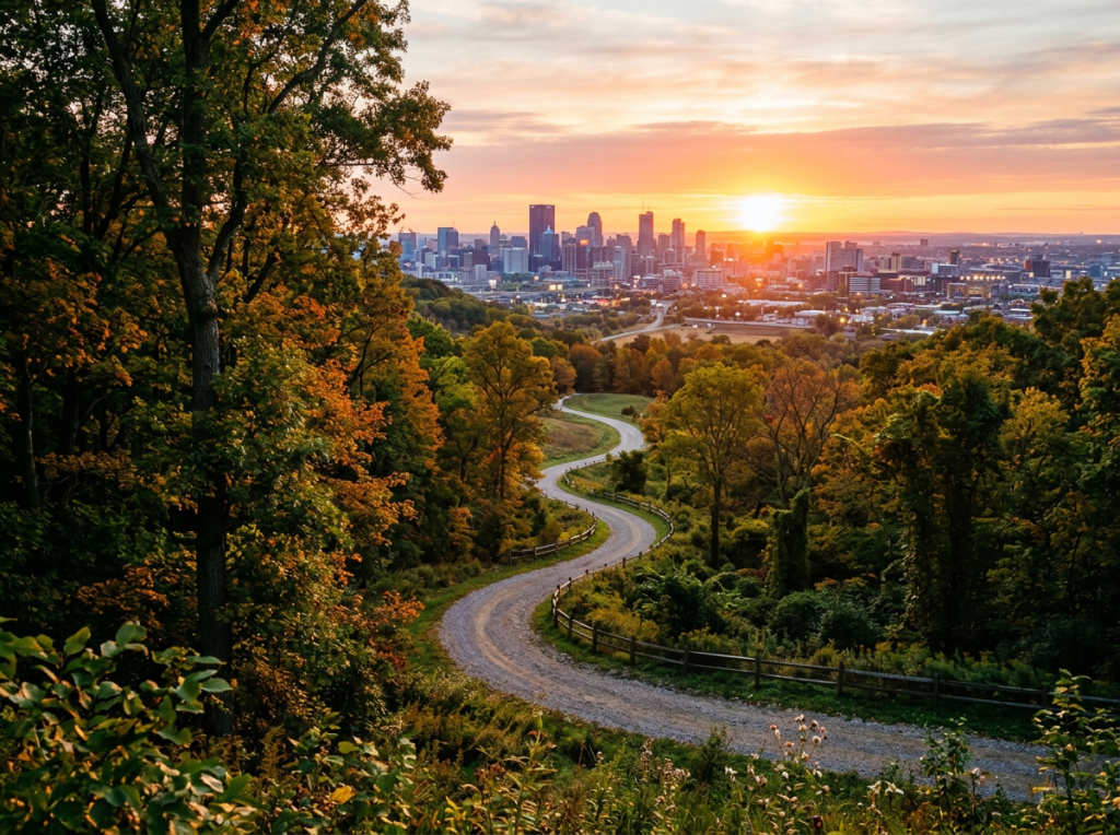 Curving gravel path through fall foliage with city skyline and setting sun in background
