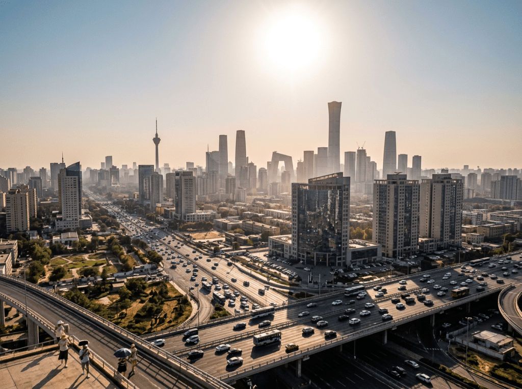 Busy multi-lane highway leading to Beijing city skyline with tall skyscrapers and clear sky