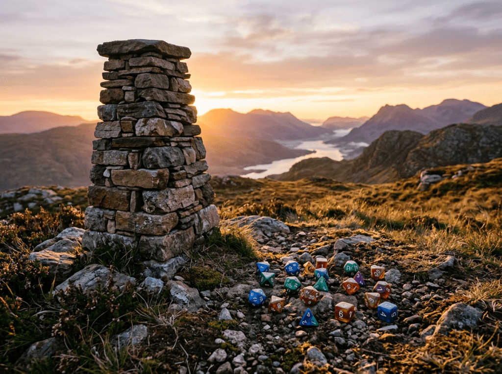 Colorful polyhedral dice on rocky ground near a stone cairn with mountain landscape at sunset