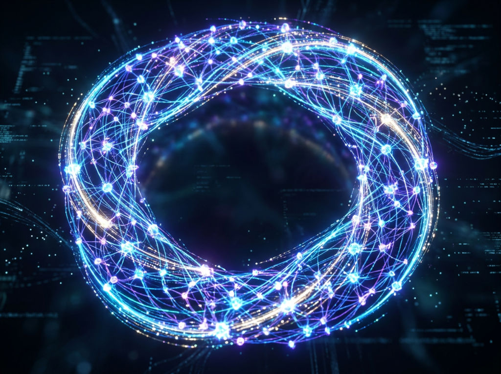Glowing digital ring with interconnected nodes and lines representing neural network connectivity
