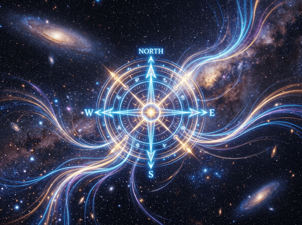 A glowing compass rose labeled with cardinal directions over a galaxy-filled starry background
