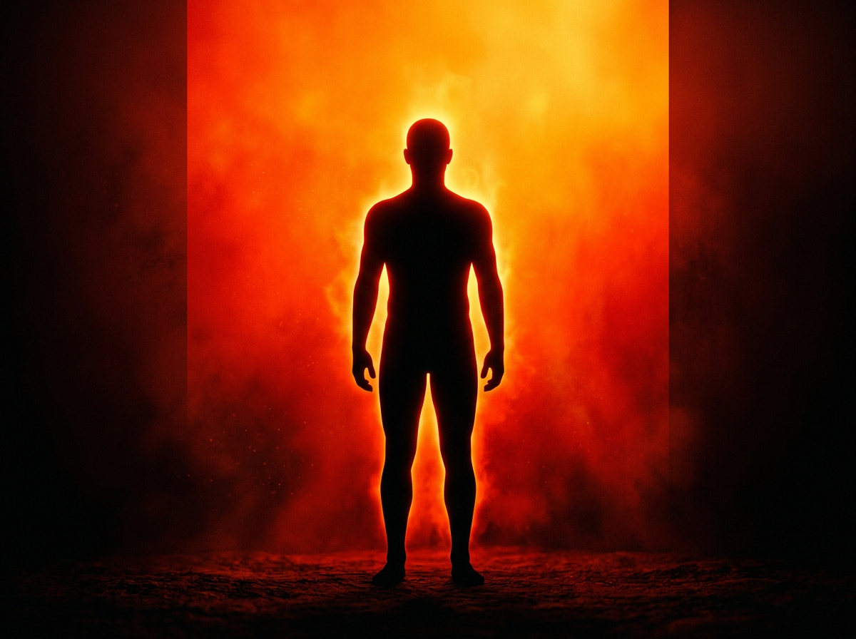 Silhouette of a person standing with bright orange light behind