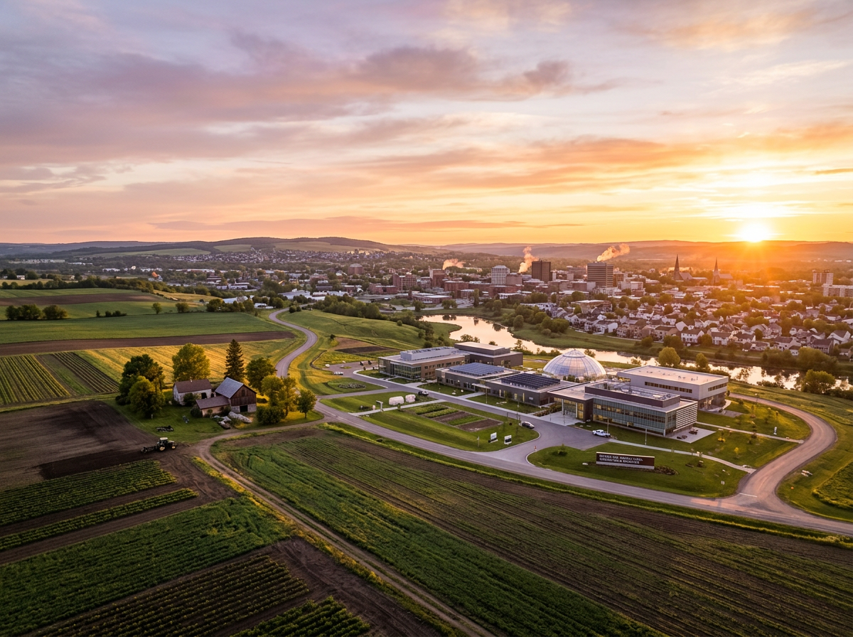 Aerial shot of agricultural research campus with fields and city skyline at sunset
