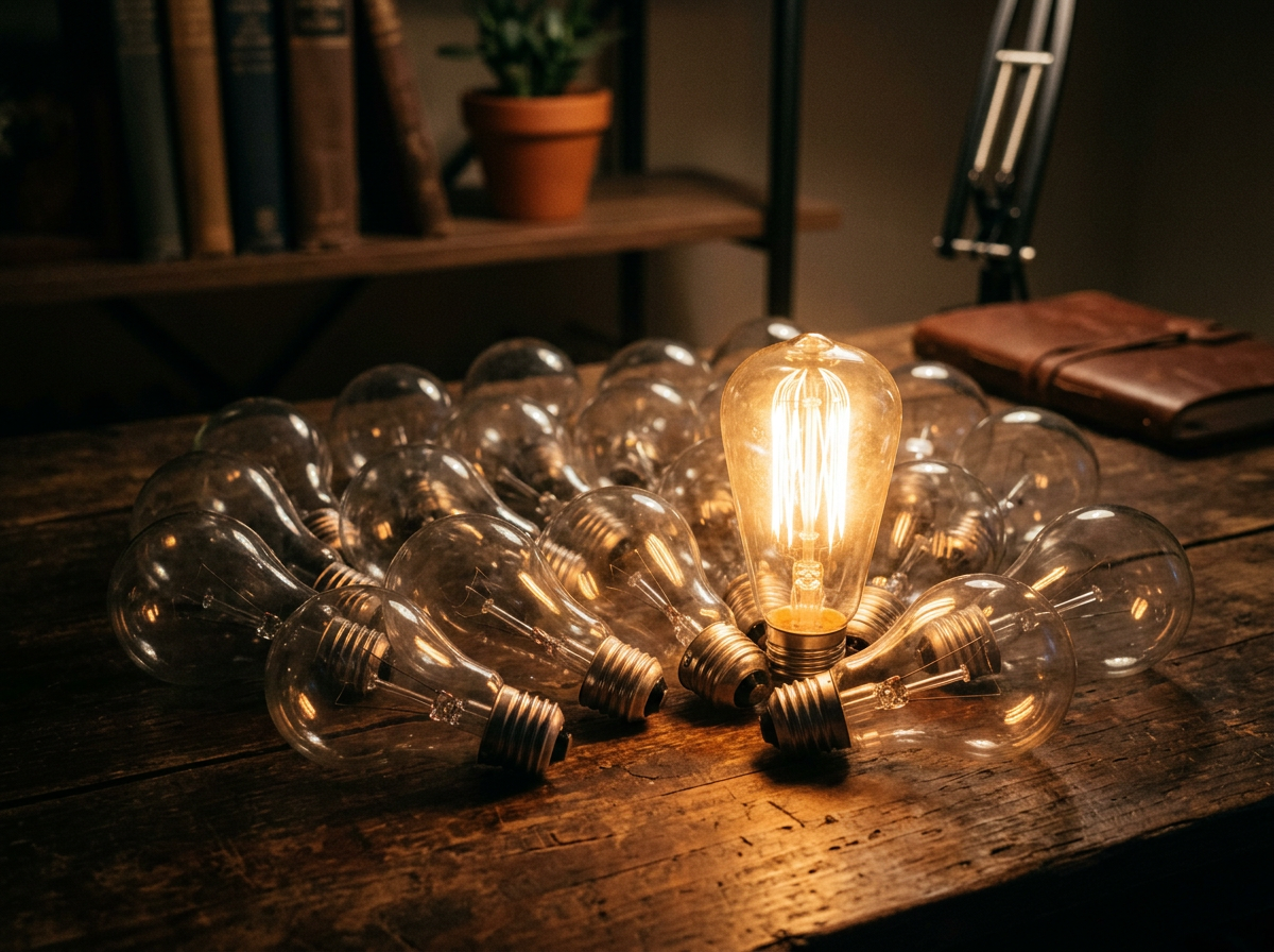 One glowing vintage-style filament light bulb among many unlit bulbs on a wooden surface