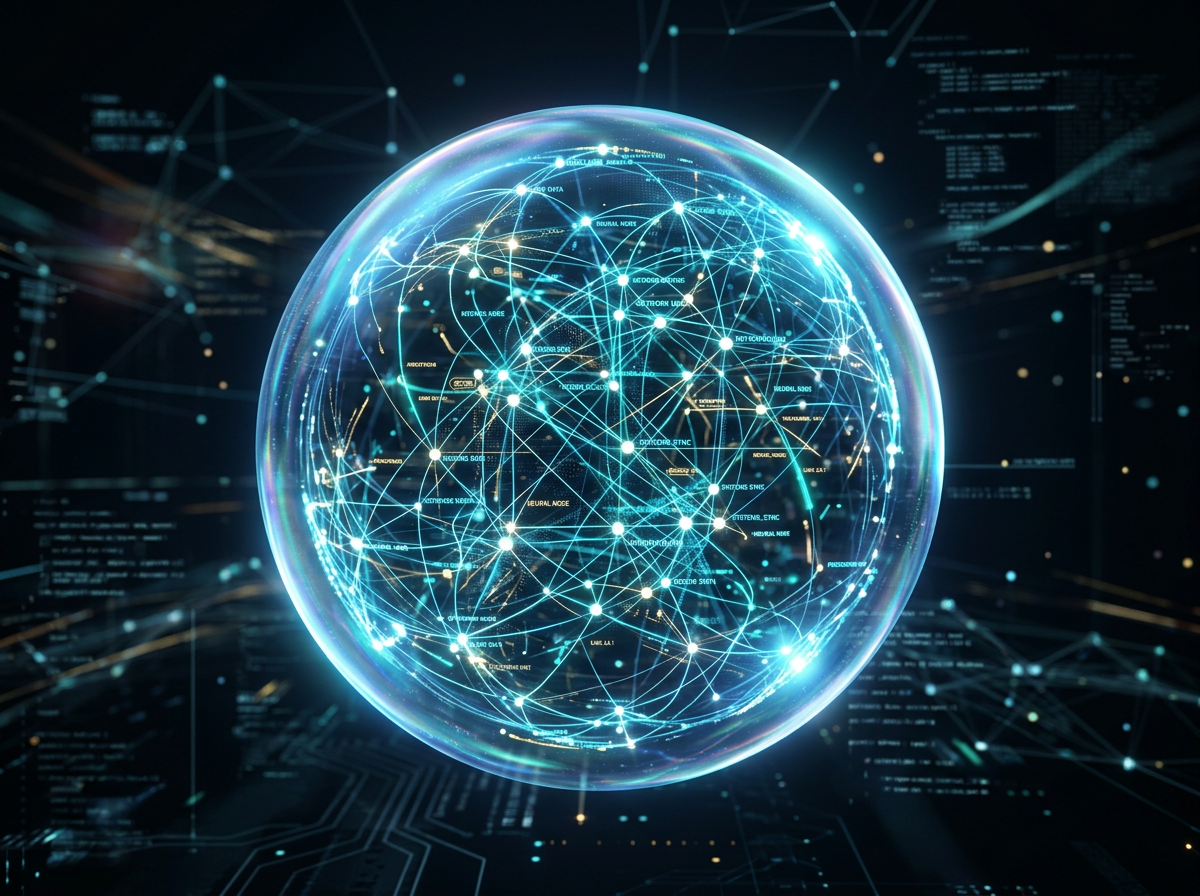 Glowing spherical digital network with interconnected points and data streams